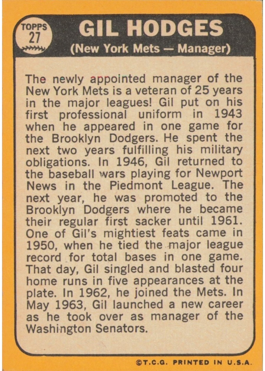 1968 Topps #27 Gil Hodges card back