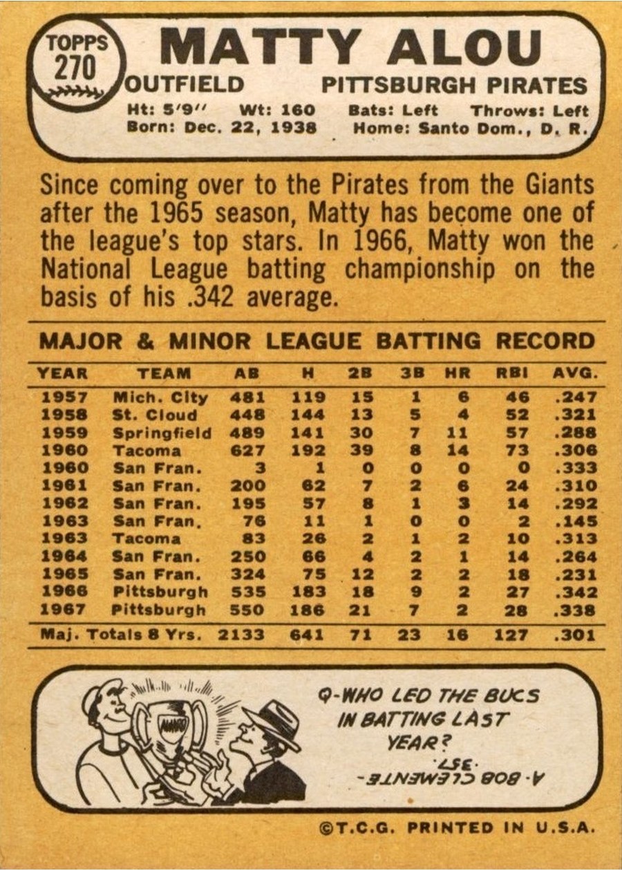 1968 Topps #270 Matty Alou card back