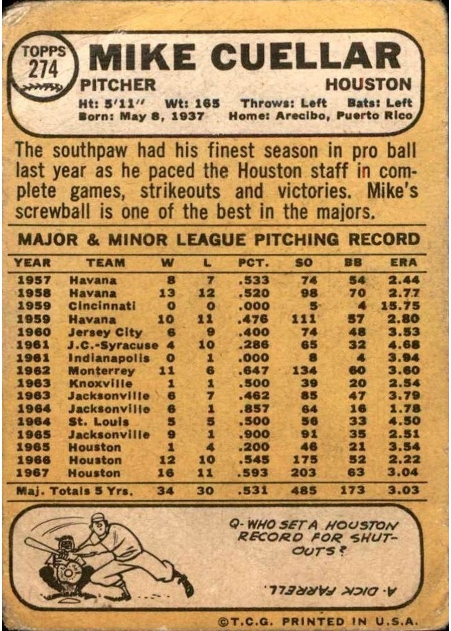 1968 Topps #274 Mike Cuellar card back