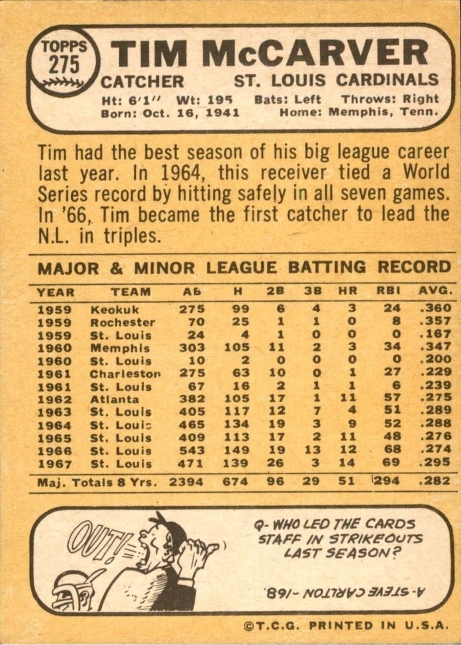 1968 Topps #275 Tim McCarver card back