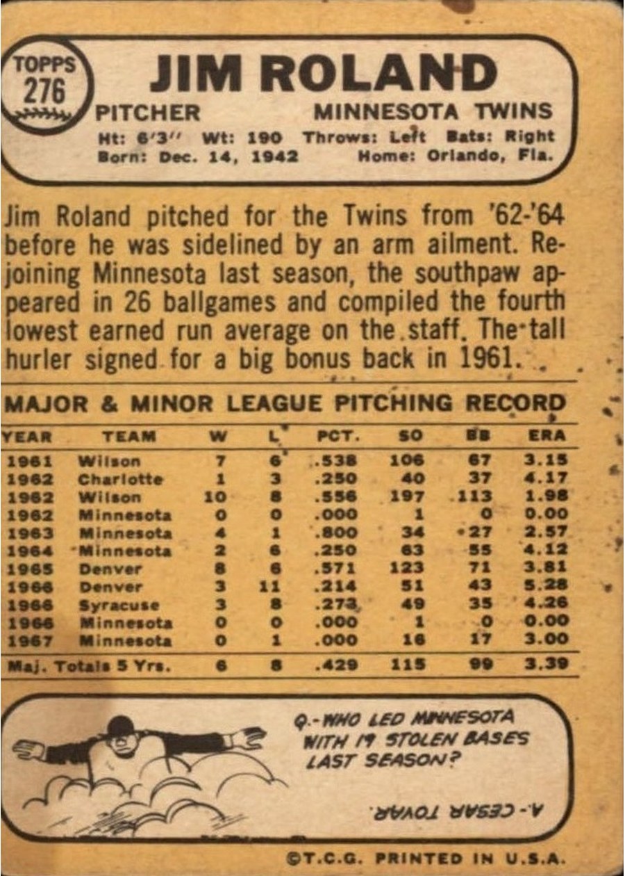 1968 Topps #276 Jim Roland card back