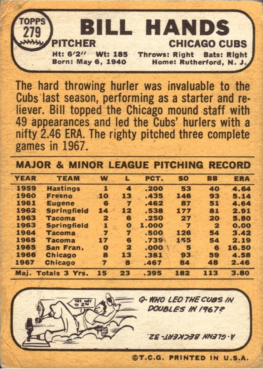 1968 Topps #279 Bill Hands card back