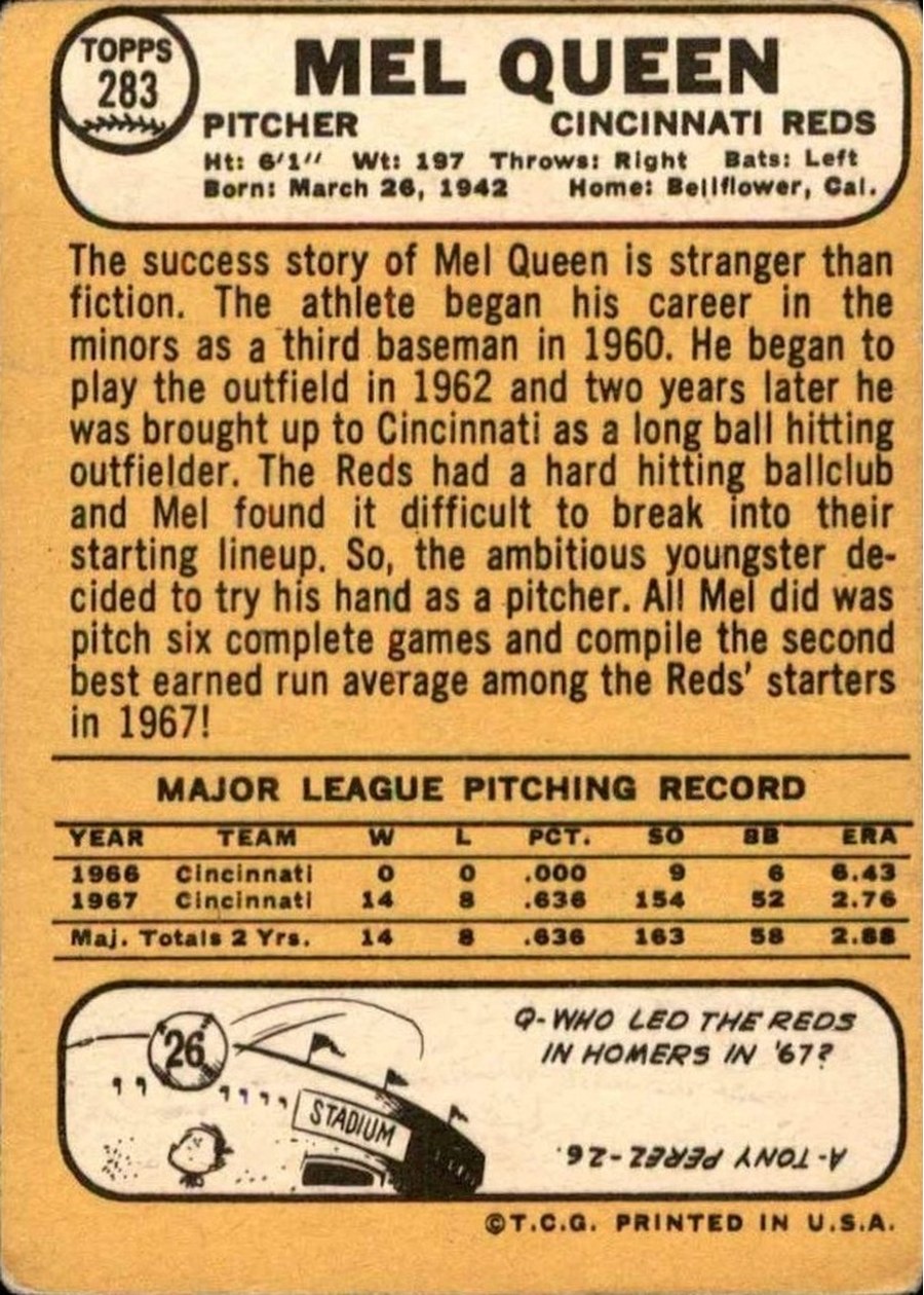 1968 Topps #283 Mel Queen card back