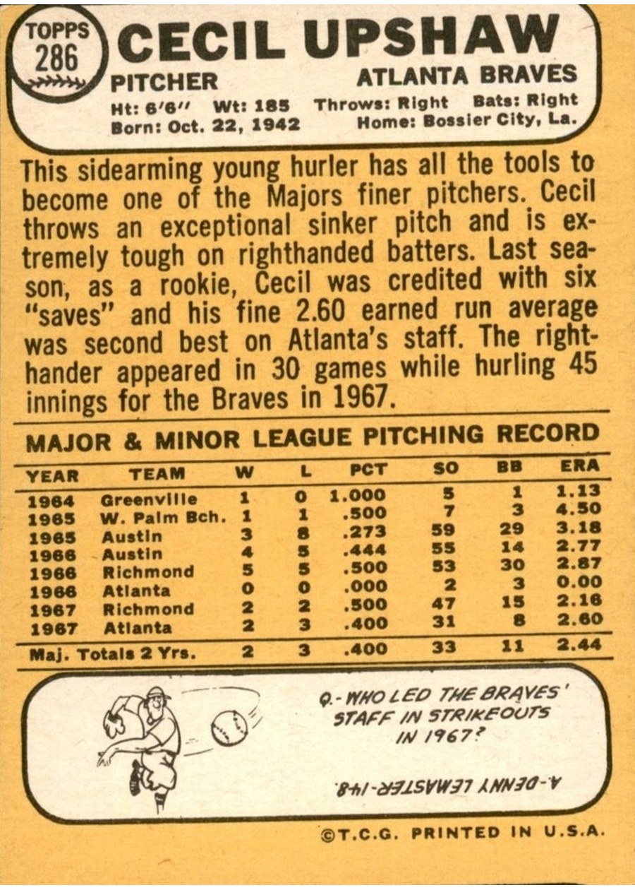 1968 Topps #286 Cecil Upshaw card back