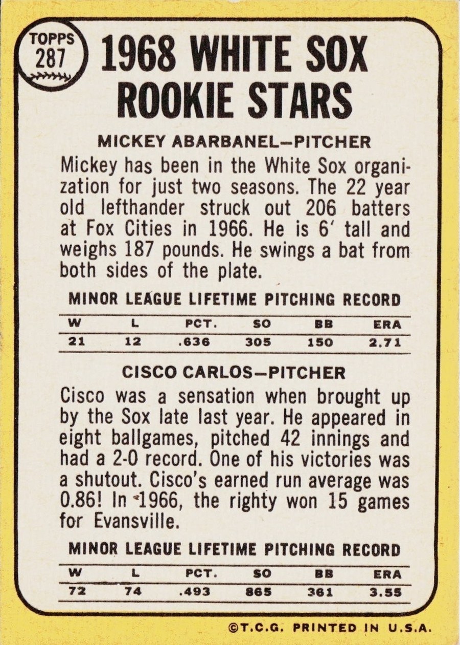 1968 Topps #287 White Sox 1968 Rookie Stars card back