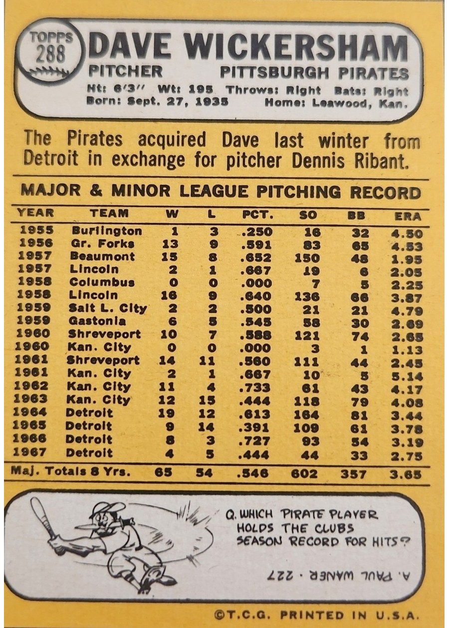 1968 Topps #288 Dave Wickersham card back