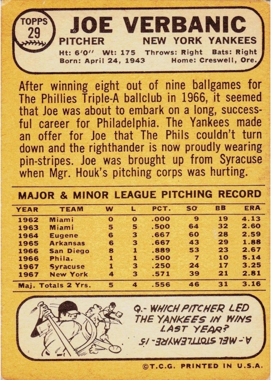 1968 Topps #29 Joe Verbanic card back