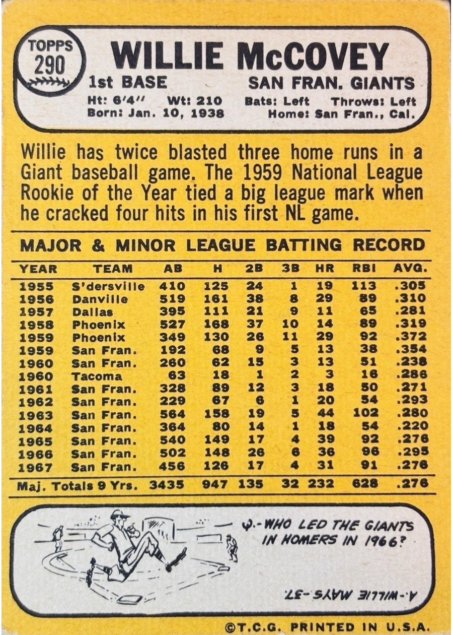 1968 Topps #290 Willie McCovey card back