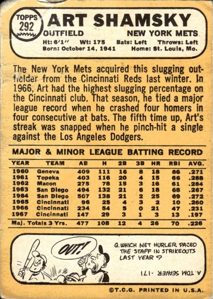 1968 Topps #292 Art Shamsky card back