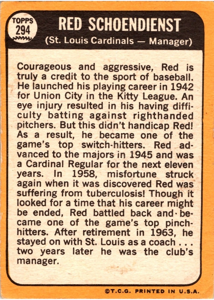 1968 Topps #294 Red Schoendienst card back