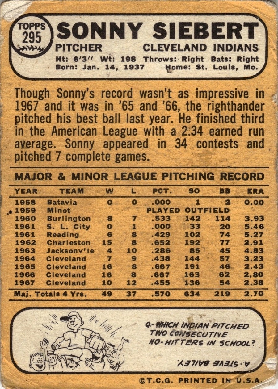 1968 Topps #295 Sonny Siebert card back