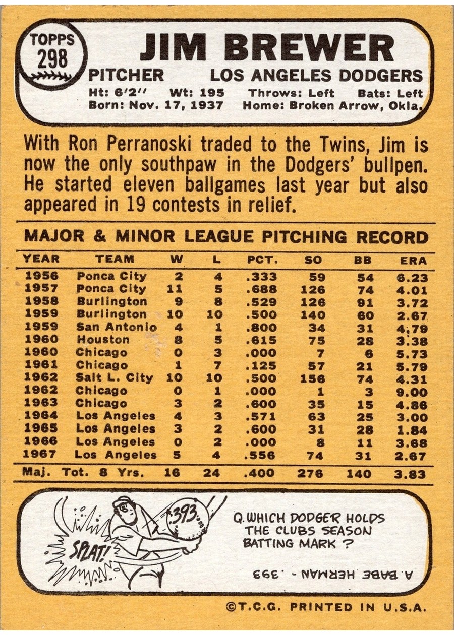 1968 Topps #298 Jim Brewer card back