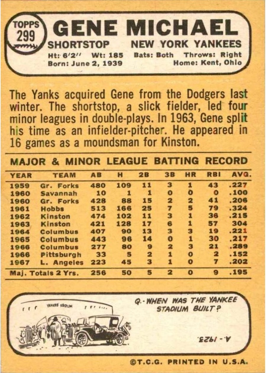 1968 Topps #299 Gene Michael card back