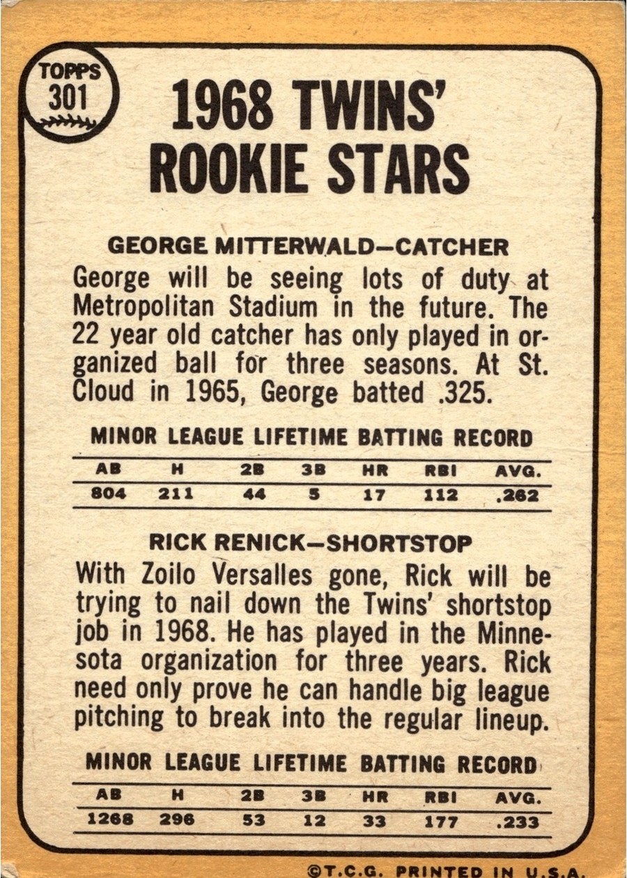 1968 Topps #301 Twins 1968 Rookie Stars card back