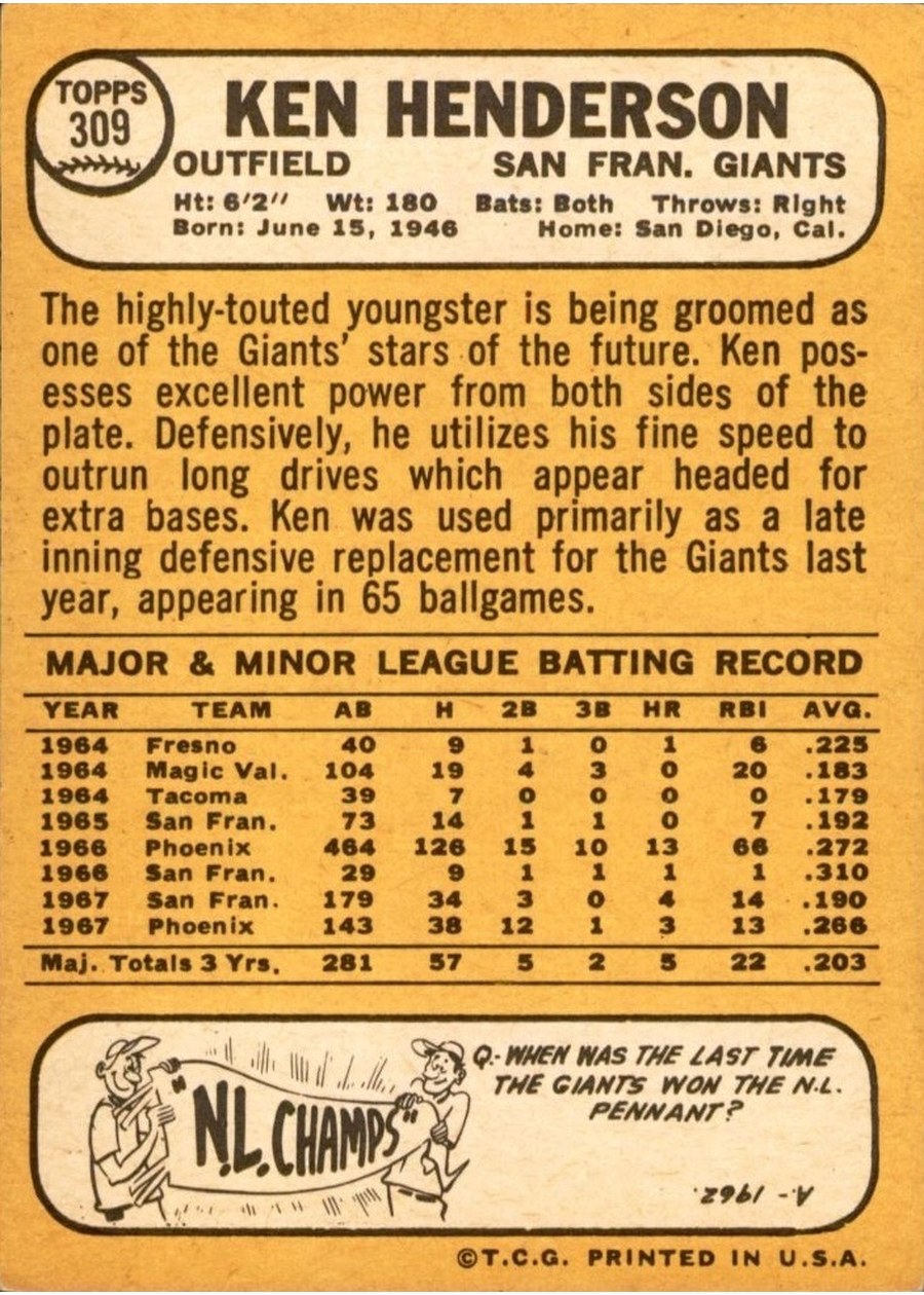 1968 Topps #309 Ken Henderson card back