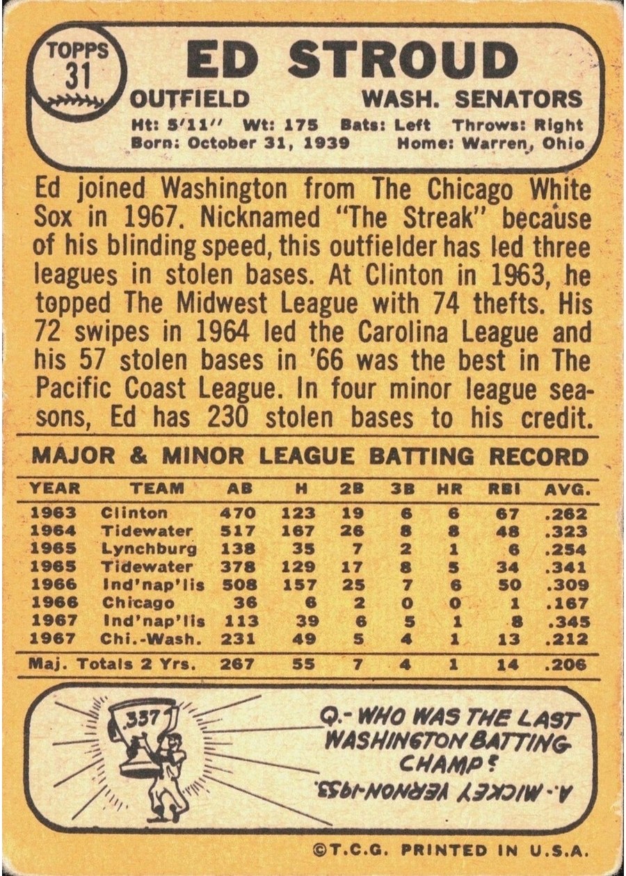 1968 Topps #31 Ed Stroud card back