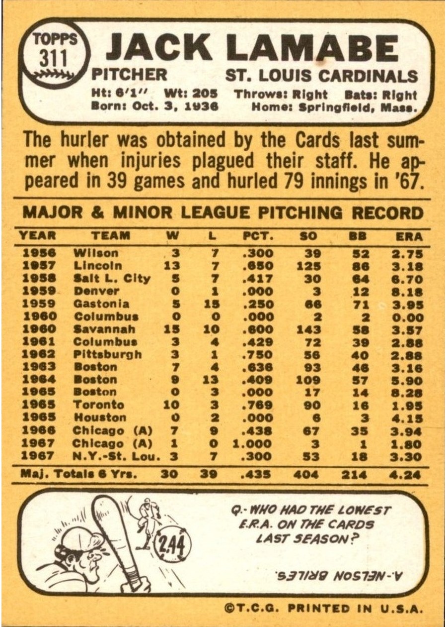 1968 Topps #311 Jack Lamabe card back