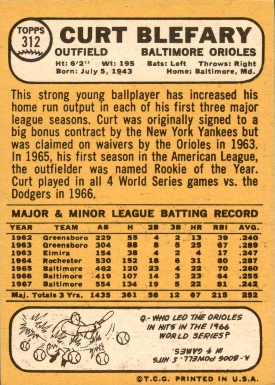 1968 Topps #312 Curt Blefary card back