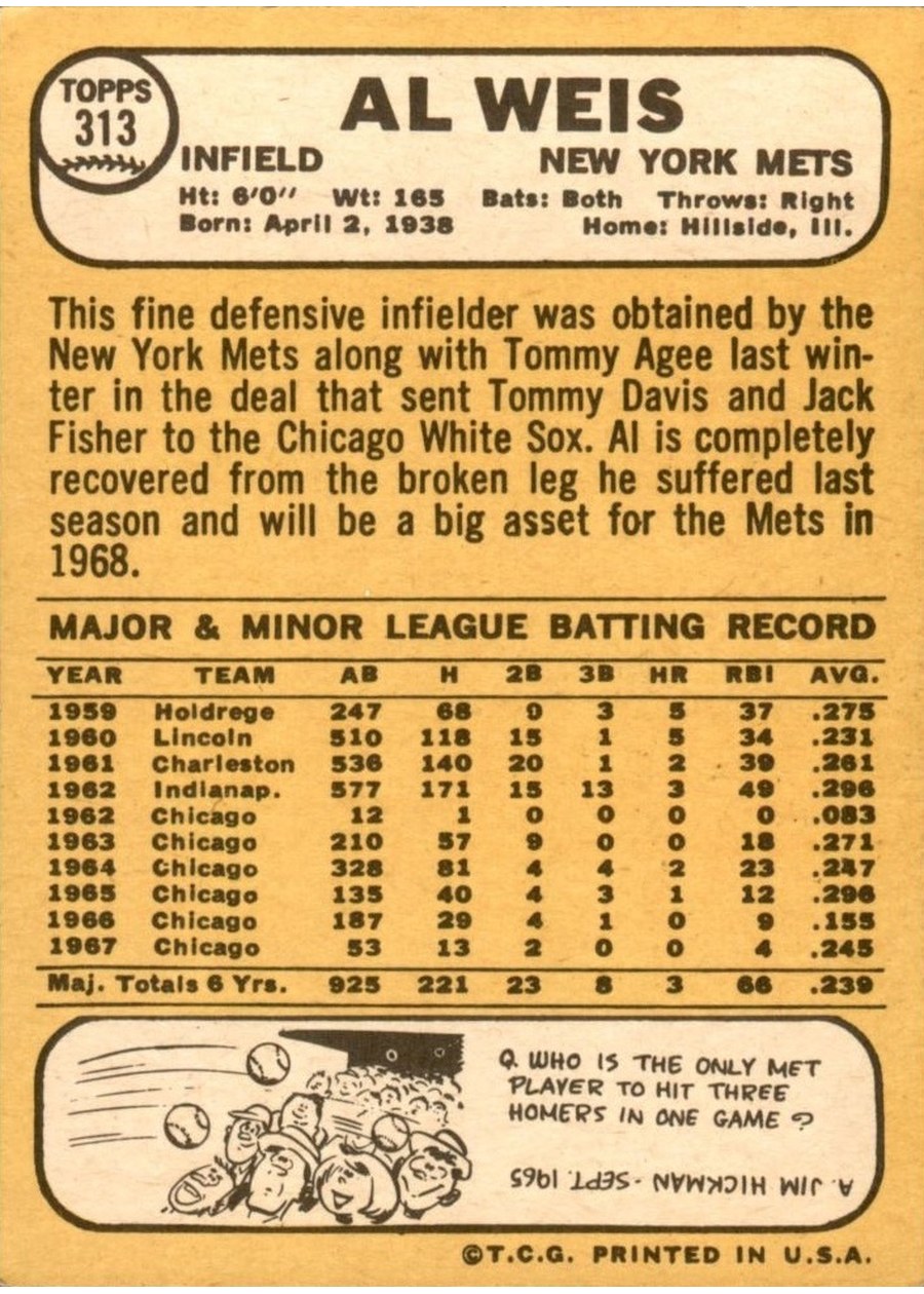 1968 Topps #313 Al Weis card back
