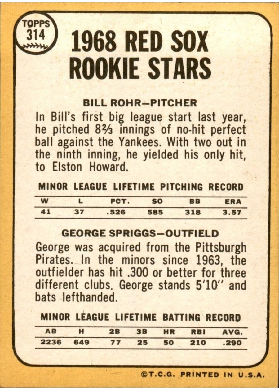 1968 Topps #314 Red Sox 1968 Rookie Stars card back