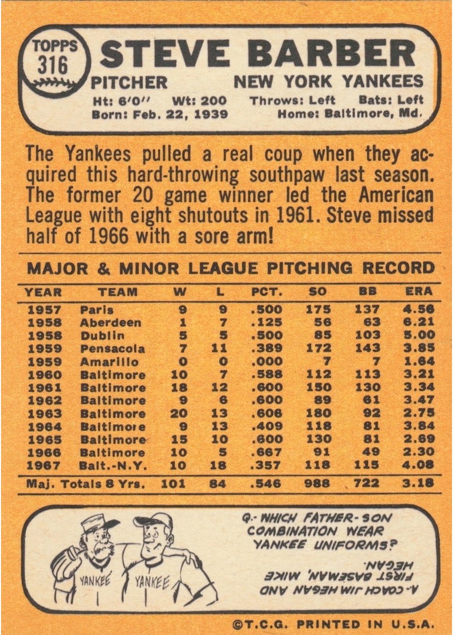 1968 Topps #316 Steve Barber card back