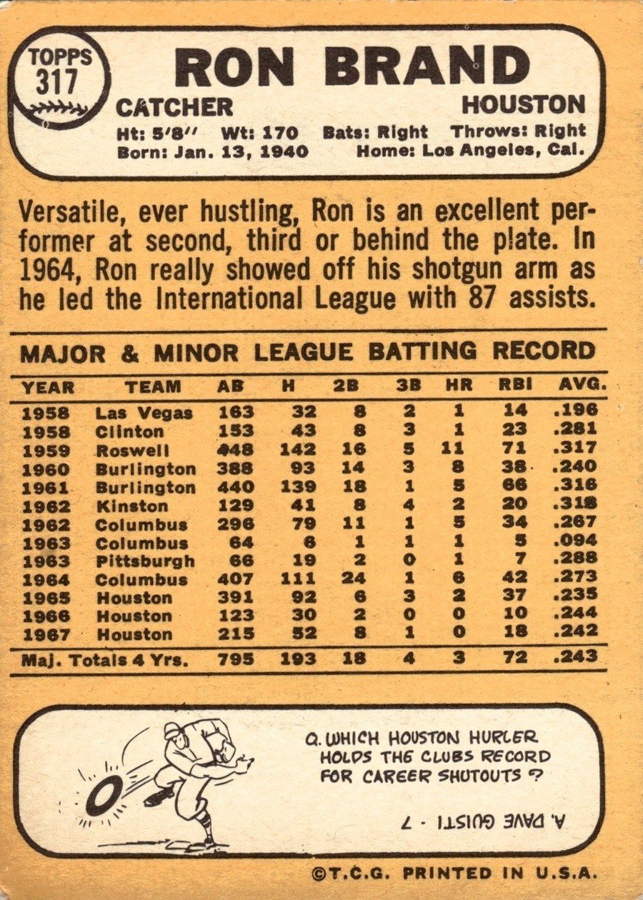 1968 Topps #317 Ron Brand card back