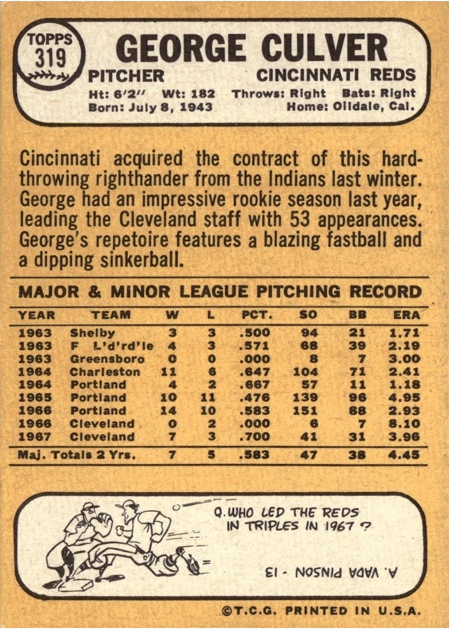 1968 Topps #319 George Culver card back