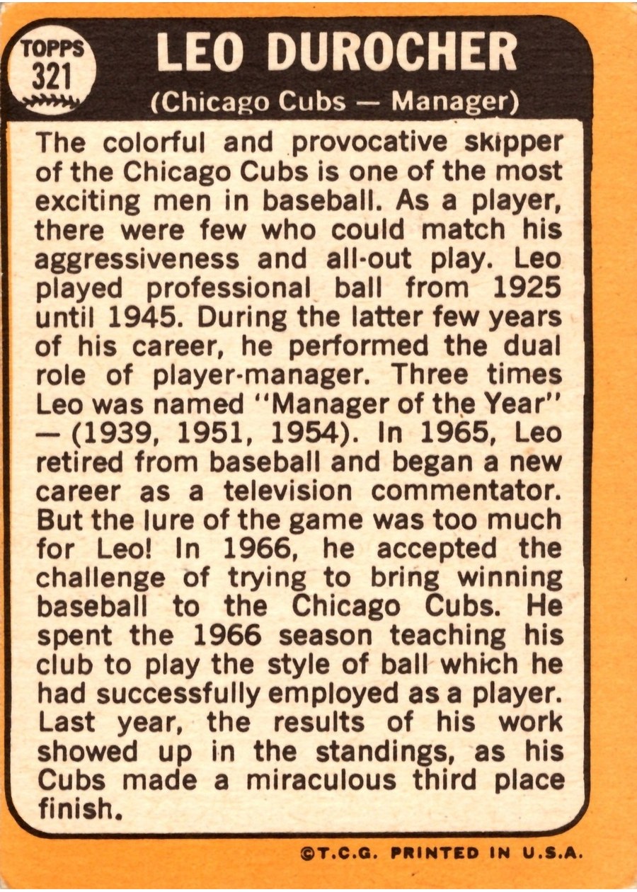 1968 Topps #321 Leo Durocher card back