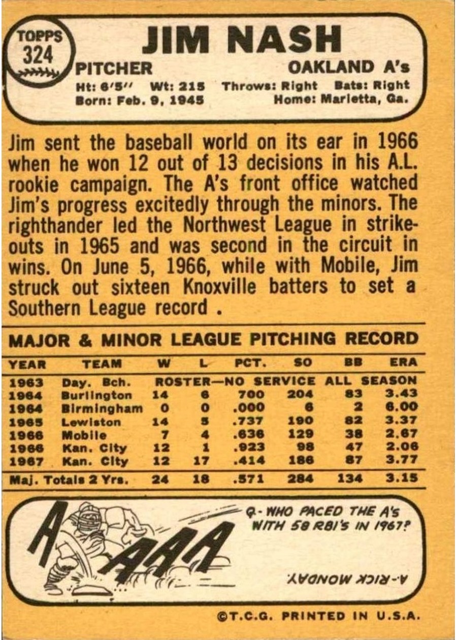 1968 Topps #324 Jim Nash card back