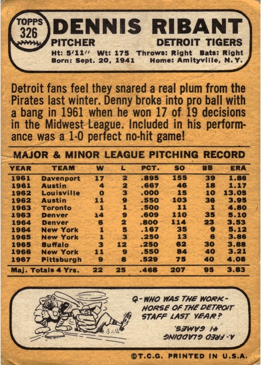 1968 Topps #326 Denny Ribant card back