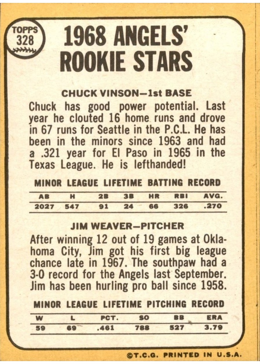 1968 Topps #328 Angels 1968 Rookie Stars card back