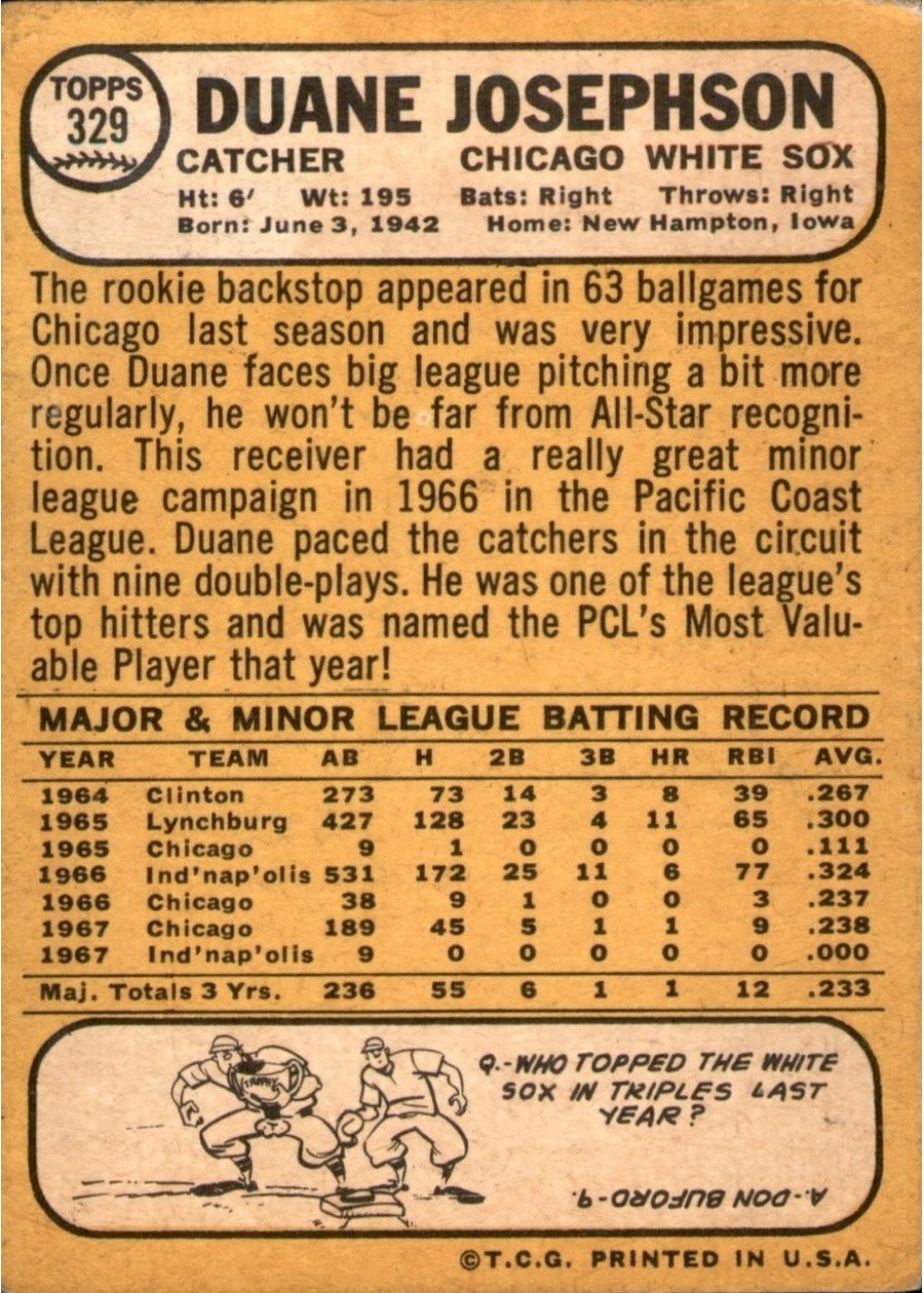 1968 Topps #329 Duane Josephson card back
