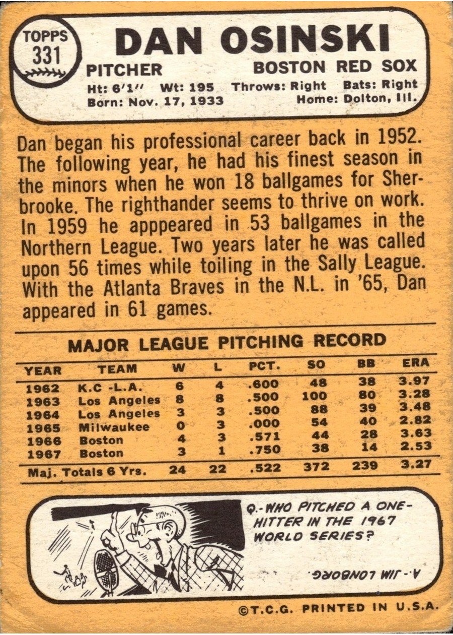 1968 Topps #331 Dan Osinski card back