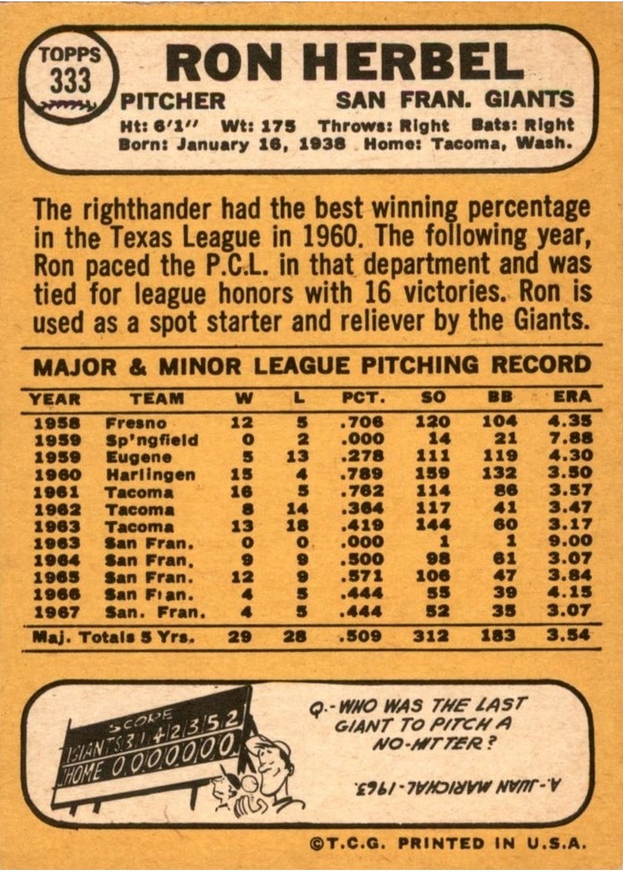 1968 Topps #333 Ron Herbel card back