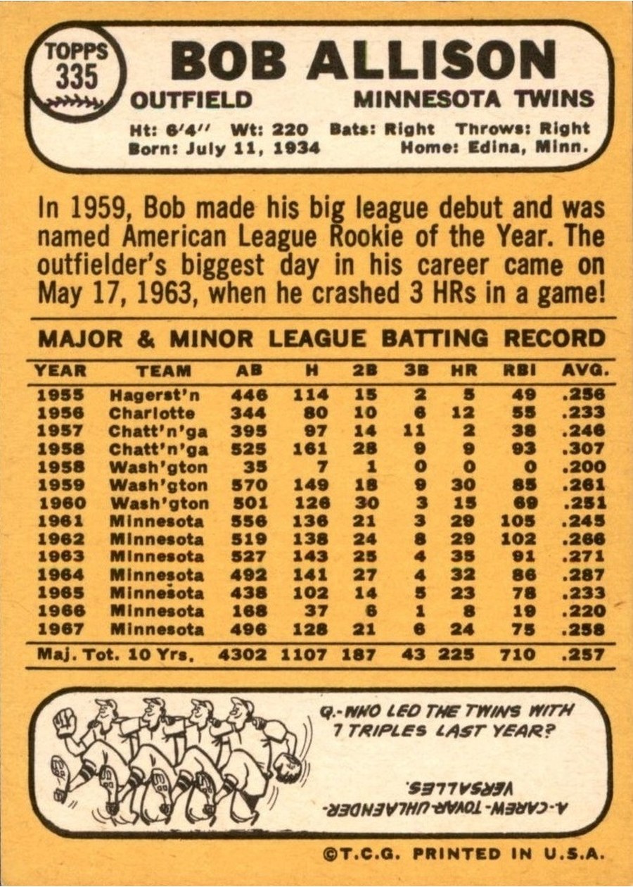 1968 Topps #335 Bob Allison card back