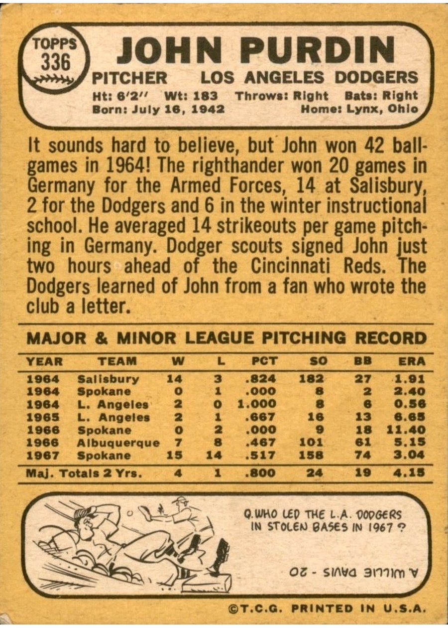 1968 Topps #336 John Purdin card back