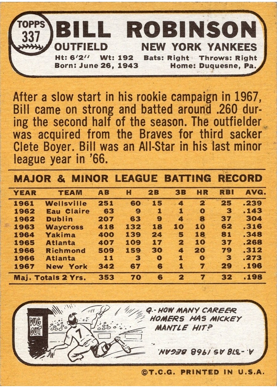 1968 Topps #337 Bill Robinson card back