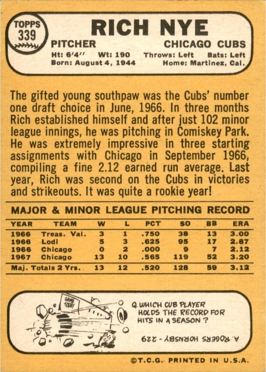 1968 Topps #339 Rich Nye card back
