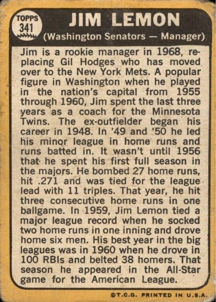1968 Topps #341 Jim Lemon card back