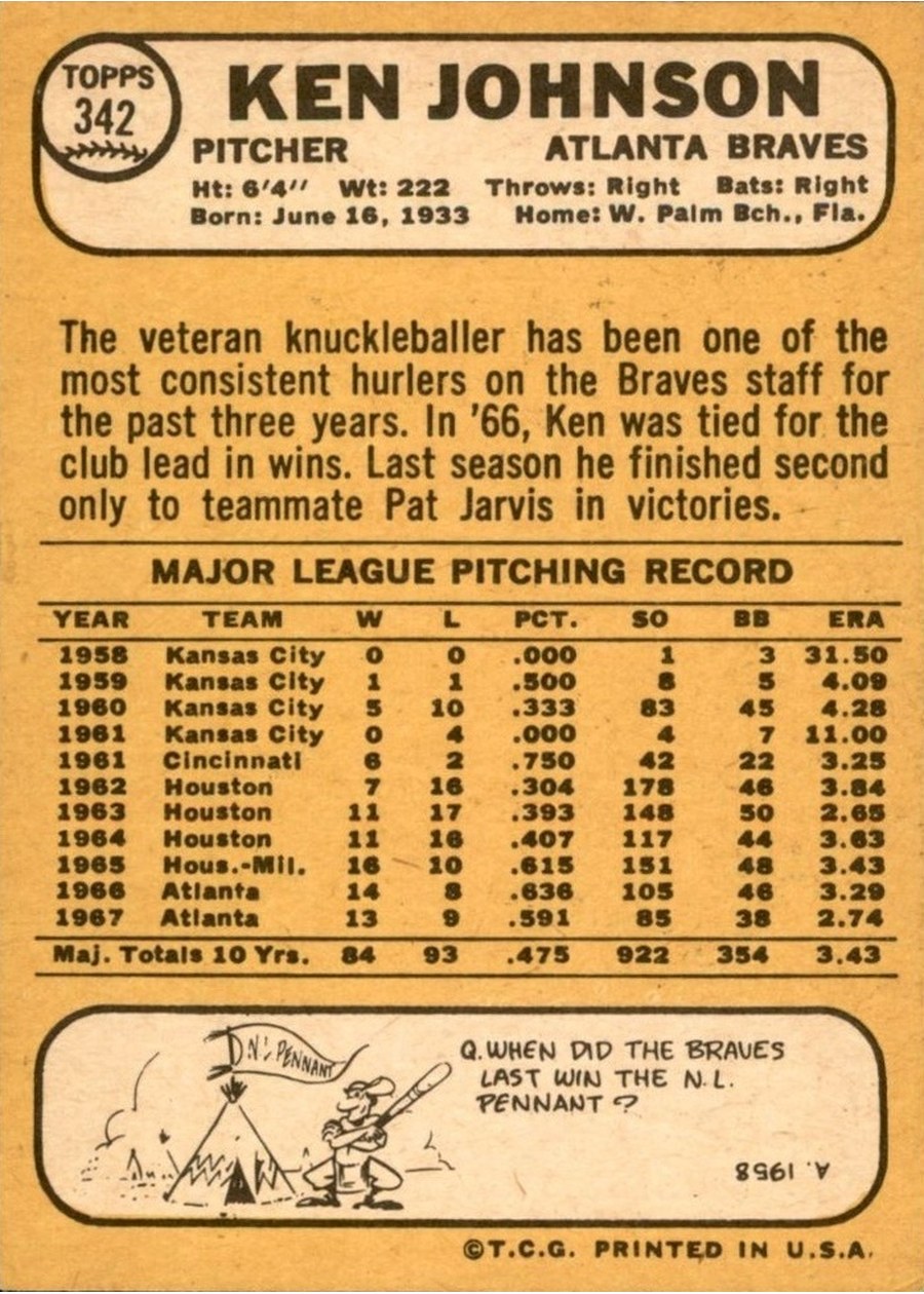 1968 Topps #342 Ken Johnson card back