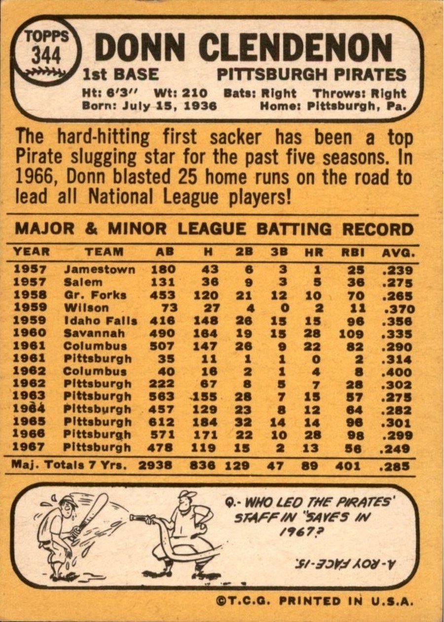 1968 Topps #344 Donn Clendenon card back