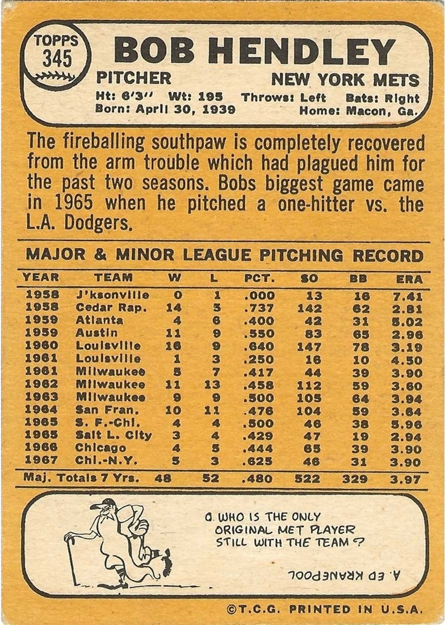 1968 Topps #345 Bob Hendley card back