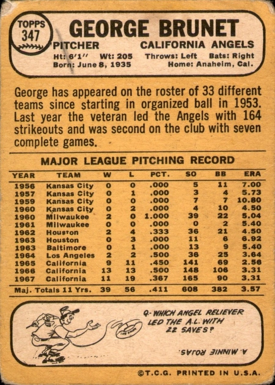 1968 Topps #347 George Brunet card back
