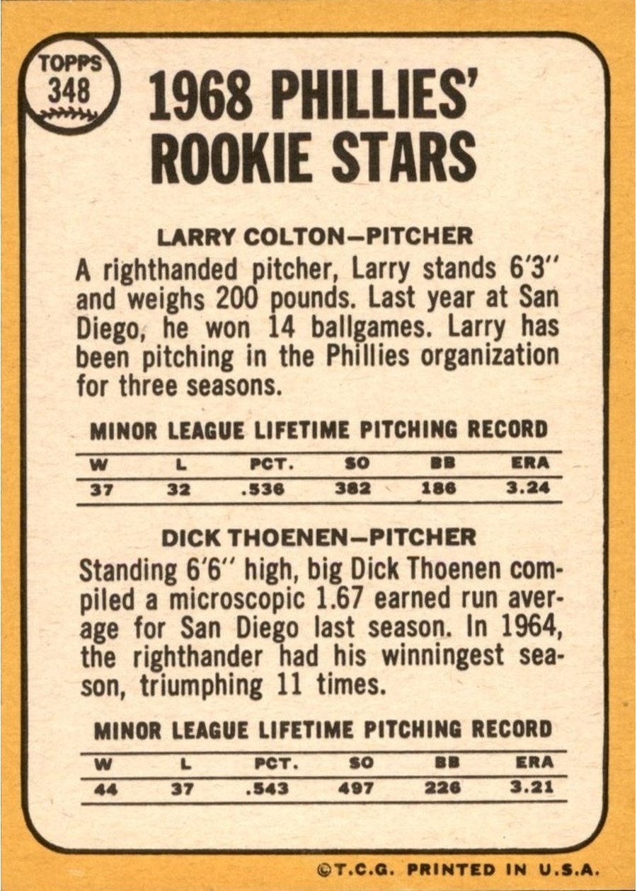 1968 Topps #348 Phillies 1968 Rookie Stars card back