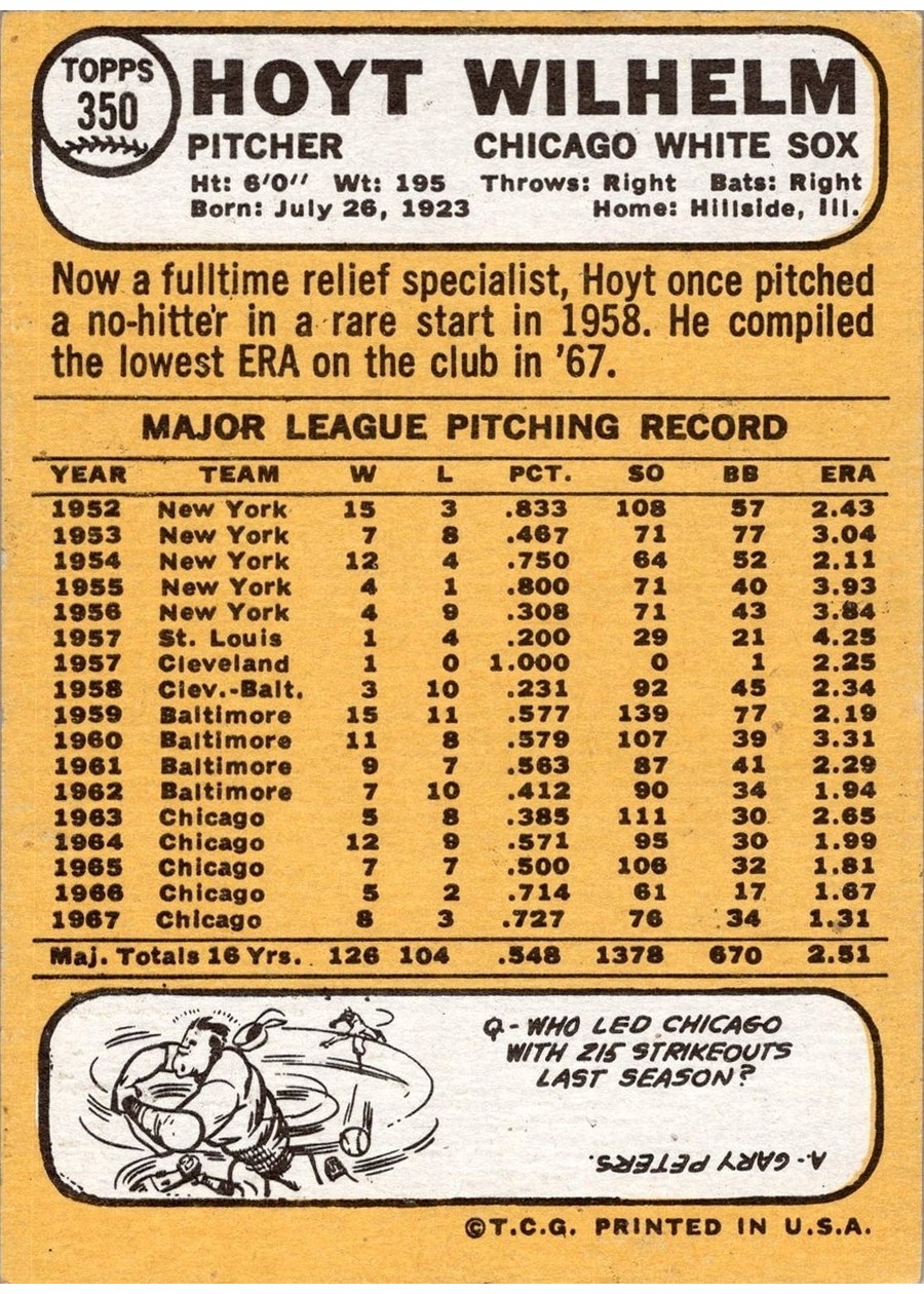 1968 Topps #350 Hoyt Wilhelm card back