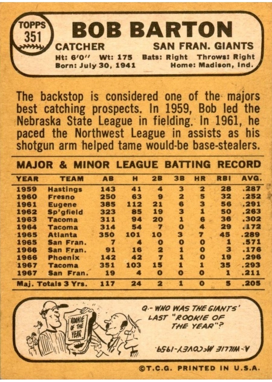 1968 Topps #351 Bob Barton card back