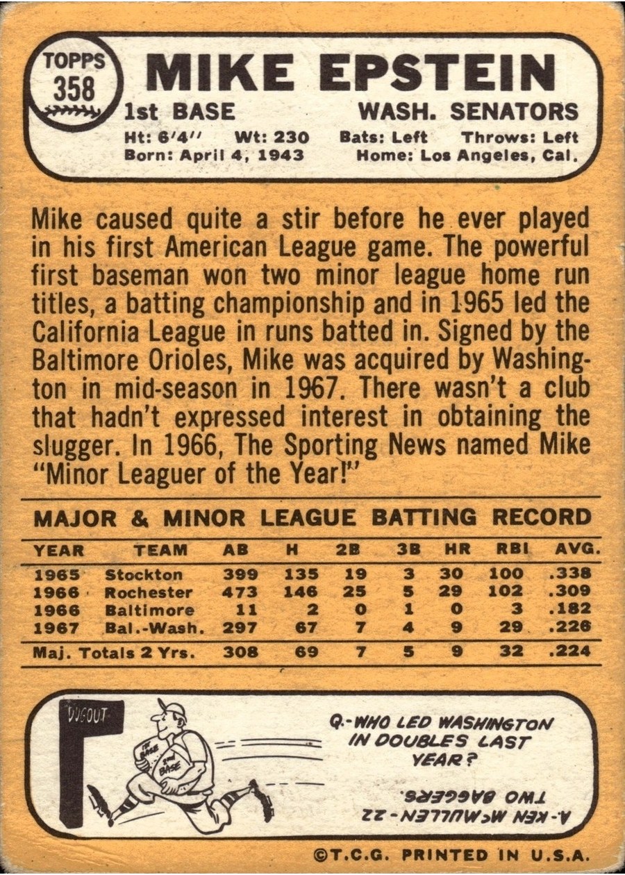 1968 Topps #358 Mike Epstein card back