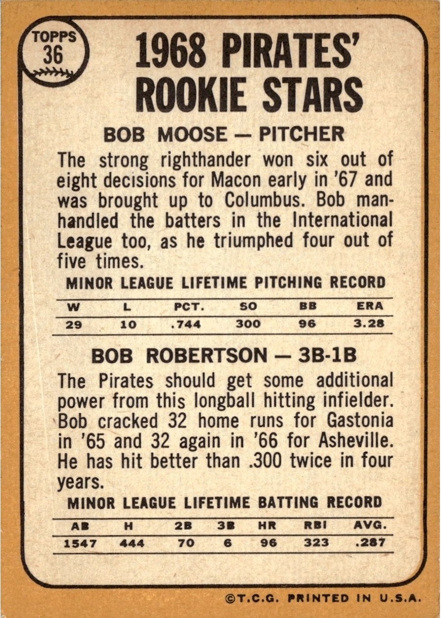 1968 Topps #36 Pirates 1968 Rookie Stars card back