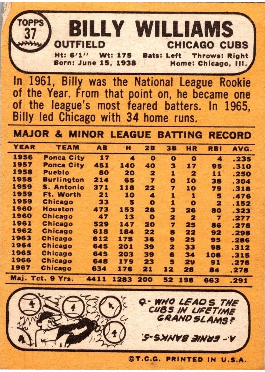 1968 Topps #37 Billy Williams card back