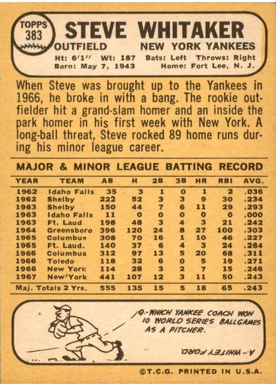 1968 Topps #383 Steve Whitaker card back